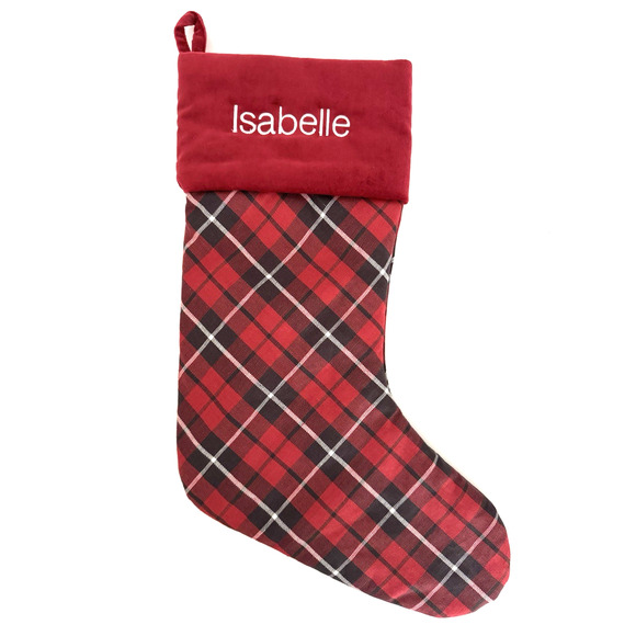 Pottery Barn Christmas Stocking Personalized ISABELLE Red Cotton Linen Plaid - Picture 1 of 8
